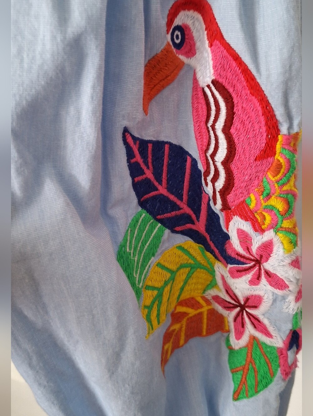 Crown & Ivy Embroidered Peasant Blouse Light Blue Tropical Bird Large - Picture 4 of 5